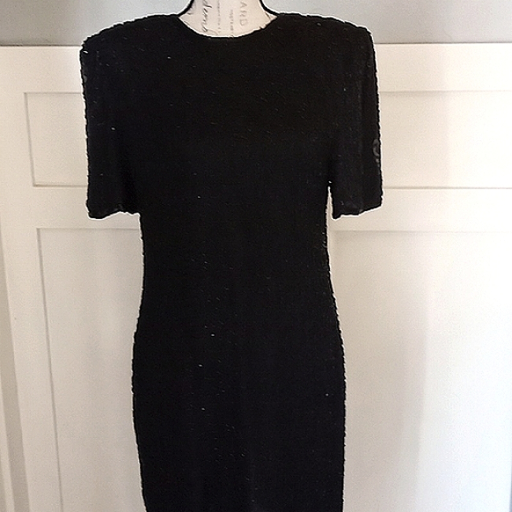 Laurence Kazar New York Vintage Silk Black Beaded Formal Knee Length Dress Sz PL
